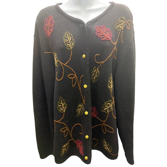 Crystal-Kobe Sweaters - VTG 90's Crystal Kobe L Fall Cardigan Sweater Leaves Button Front Embroidered